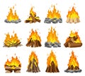 Fireplace campfire different types. Burning wood collection, travel and adventure symbol. Vector bonfire or woodfire in