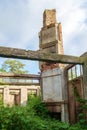 Fireplace chimney at the abandoned wrecked house overgrown with green ivy Royalty Free Stock Photo