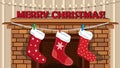 Fireplace with Christmas stockings and decorative letters, greeting card