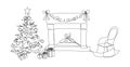 Fireplace, Christmas tree, gifts and rocking chair one line art. Continuous line drawing of new year holidays, christmas Royalty Free Stock Photo