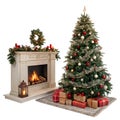Fireplace and Christmas tree isolated Royalty Free Stock Photo