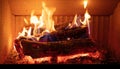 Fireplace close up, fire flame and burning wood log, warm home in winter