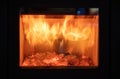 Fireplace close up, fire flame and burning wood logs, glass door fireside