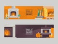 Fireplace in cozy home living room interior vector illustration. Lamps,books, pumpkin near fire place with flame burning Royalty Free Stock Photo
