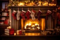 Fireplace decorated with vintage style Christmas red stockings, retro garlands, Vintage fireplace with crackling fire