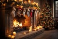 Fireplace decorated with vintage style Christmas stockings, retro garlands, Vintage fireplace with crackling fire