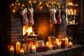 Fireplace decorated with vintage style Christmas stockings, retro garlands, Vintage fireplace with crackling fire