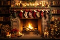 Fireplace decorated with vintage style Christmas stockings, retro garlands, Vintage fireplace with crackling fire