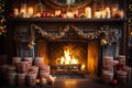 Fireplace decorated with vintage style Christmas stockings, retro garlands, Vintage fireplace with crackling fire