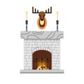 Fireplace with deer heard, candle. Fire warm, Cozy Home interior - flat vector illustration.