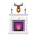 Fireplace with deer heard, candle. Fire warm, Cozy Home interior - flat vector illustration.