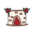 Fireplace with fire decorated with balls and fir branches cartoon clipart