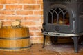 Fireplace with fire flame and firewood interior Royalty Free Stock Photo