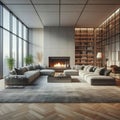 fireplace fire modern windows sofa - ai generated