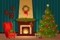 Fireplace with fire, spruce and armchair Christmas