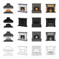 Fireplace, fire, warmth and comfort. Different kinds of fireplace set collection icons in cartoon black monochrome