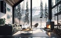 Fireplace with firewood. Cozy room interior with mountain view