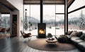 Fireplace with firewood. Cozy room interior with mountain view