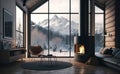 Fireplace with firewood. Cozy room interior with mountain view