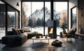 Fireplace with firewood. Cozy room interior with mountain view