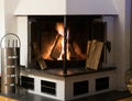 Fireplace inside home burning wood Royalty Free Stock Photo