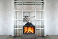 Fireplace installing. Metal frame for installing Fire Protection Board Royalty Free Stock Photo
