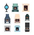 Fireplace. Interior decor electric fireplace from bricks beautiful flame in house relax place vector set Royalty Free Stock Photo