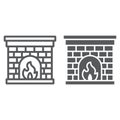 Fireplace line and glyph icon, fire and home