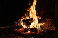 A fireplace lit with a beautiful flame, wood and burning embers