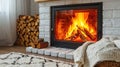 A fireplace with logs in it and a blanket on the floor, AI Royalty Free Stock Photo