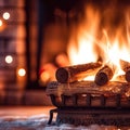 A fireplace with logs burning in front of a fireplace, AI Royalty Free Stock Photo