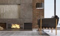 Fireplace in a modern living room with leather armchair and black lamp