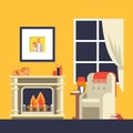 Fireplace in room interior, cozy house room flat style, vector illustration. Fire burning in fireplace, armchair in Royalty Free Stock Photo