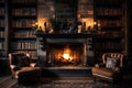 Fireplace room with warm fire surrounded by bookshelves and comfortable armchairs