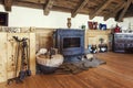 Fireplace in a rustic attic room