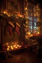 fireplace with stockings hung and a warm festive glow