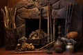 fireplace tools and accessories on a hearth Royalty Free Stock Photo