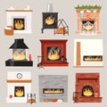 Fireplace vector warm fire place in interior of home on Christmas in winter to heat house illustration set of burning