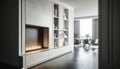 fireplace on a white wall in a modern apartment. The scene should depict a sleek and contemporary fireplace design