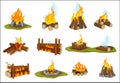 Fireplace wooden. Light flame burned bonfire with smoke campfire vector collection