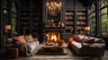 A fireplace zone in a home library with soft chairs for comf Royalty Free Stock Photo
