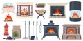 Fireplaces and hearths elements. Lighting home fire accessories, interior heating facilities, woodcutter, coals and