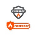 Fireproof with shield and flame vector labels