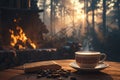 Fireside delight Coffee on a wooden table in a winter forest