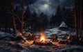Fireside Glow Campfire Magic in the Heart of Snowy Silence. Generative AI Royalty Free Stock Photo