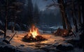 Fireside Glow Campfire Magic in the Heart of Snowy Silence. Generative AI Royalty Free Stock Photo