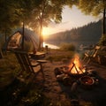 Fireside Haven: A Serene Camping Setup Surrounded by Nature's Beauty