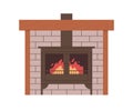 Fireside, home fire place, warm cosy furnace. Fireplace with glowing flames, doors, brick wall. House hearth. Hot indoor Royalty Free Stock Photo