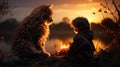 By the Fireside: A Little Boy and His Cat Enjoying the Sunset Royalty Free Stock Photo