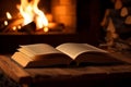 Fireside reading, Open book rests on wooden bench by the fireplace Royalty Free Stock Photo